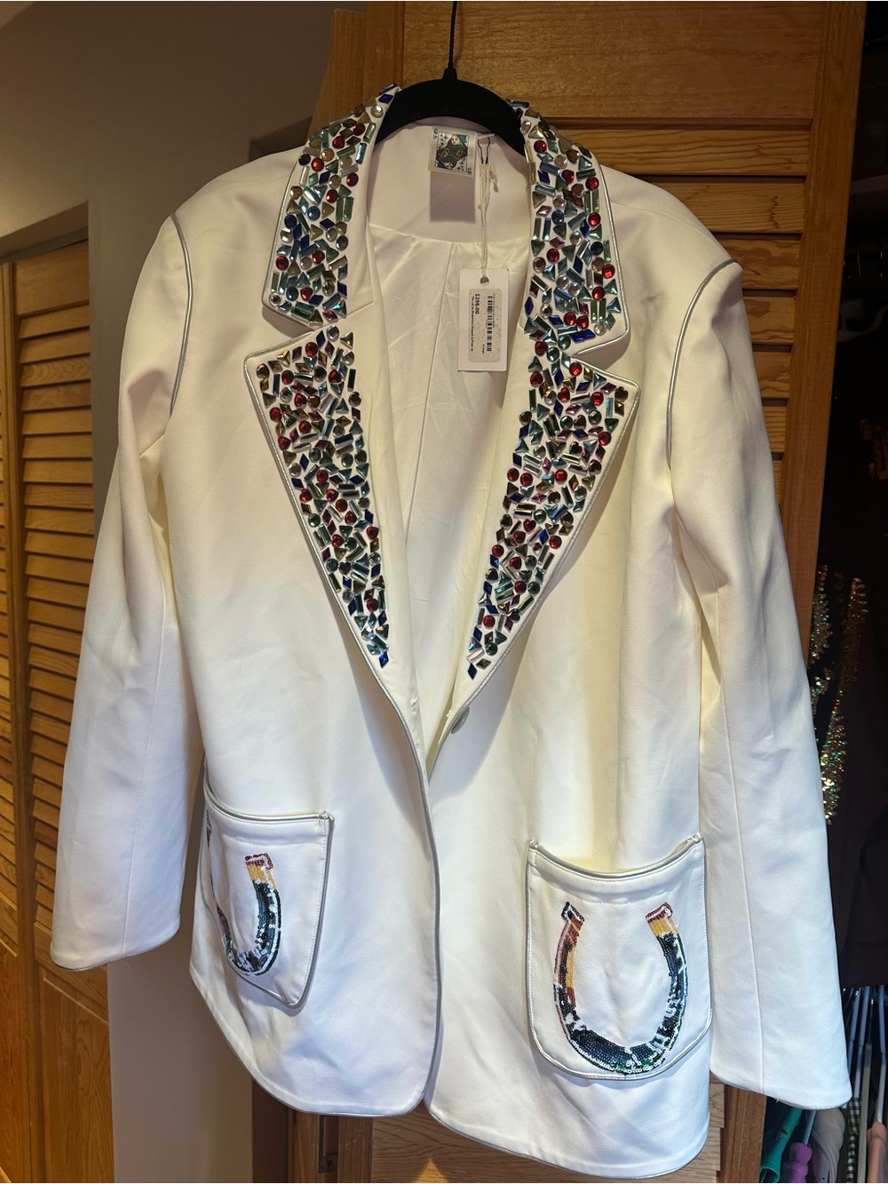 QUEEN OF SPARKLES White Blazer with Multicolor Jewel Trim and sparkle horse